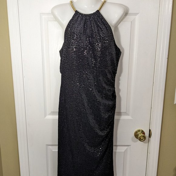 Eliza J Dresses & Skirts - Eliza J Black Sequin Sleeveless Gold-Tone Metal Neckline Midi Dress - size 8